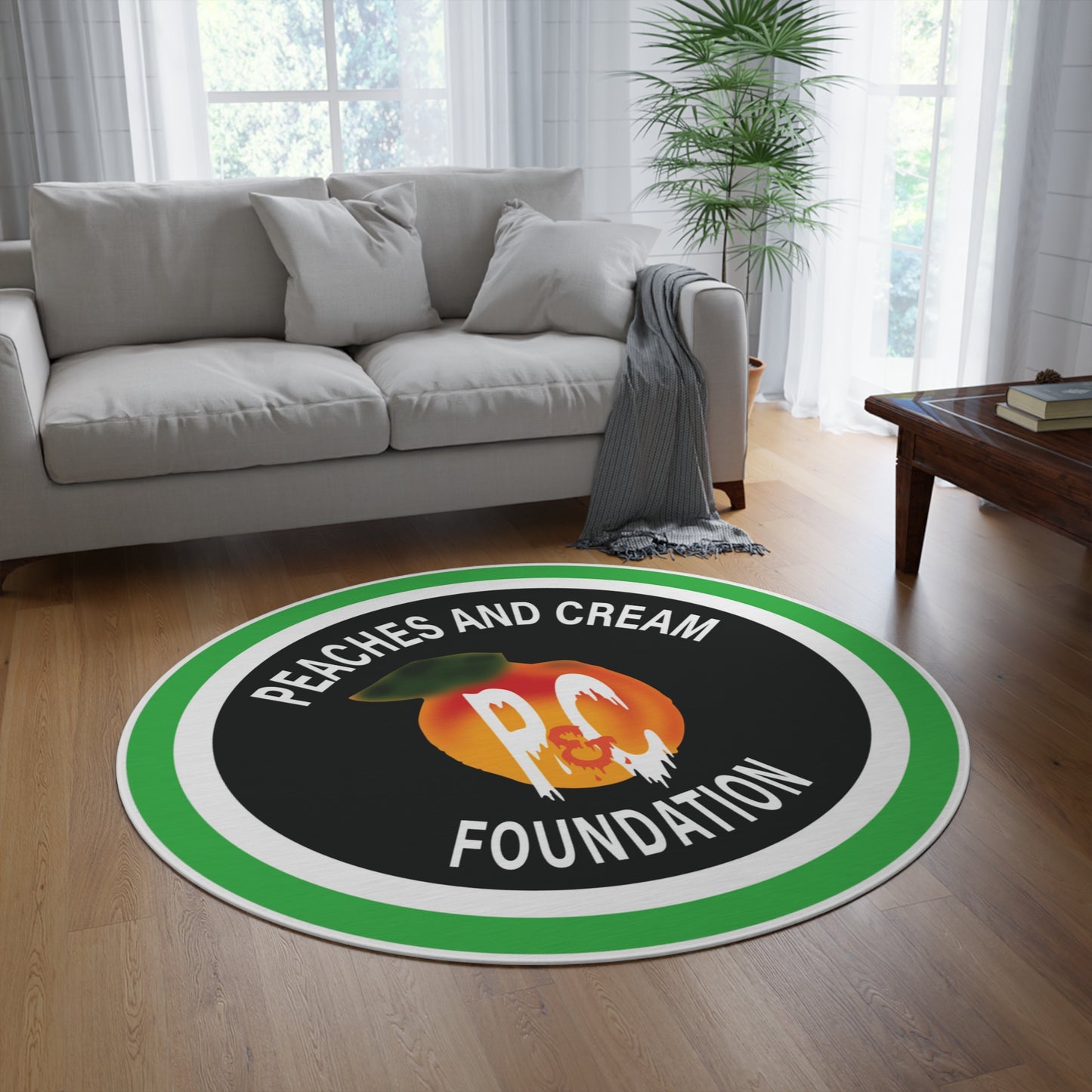 Green and White Outline Logo Peaches and Cream Round Rug